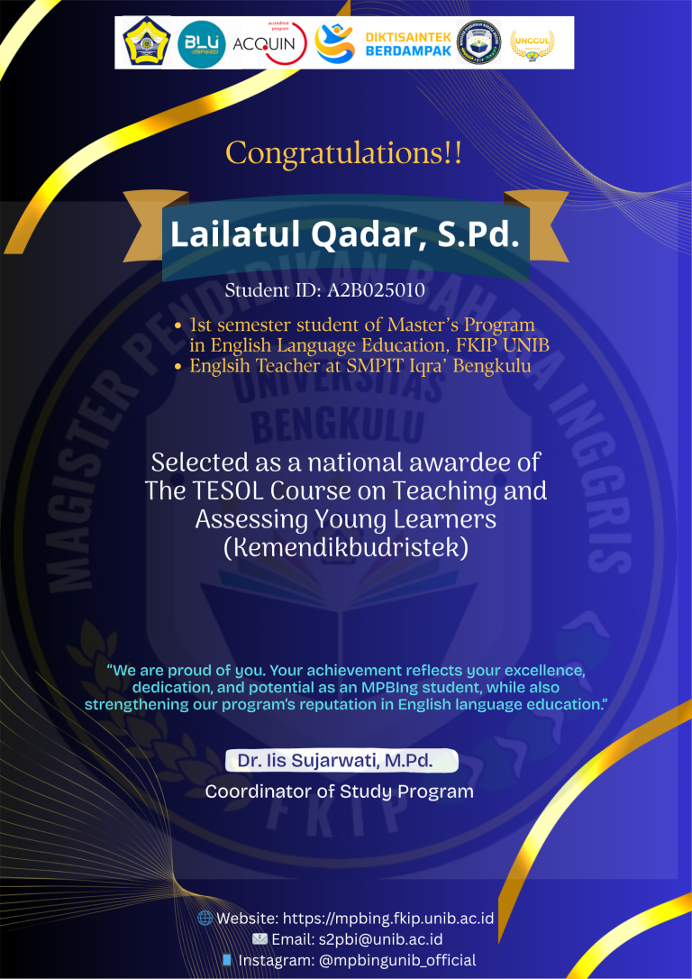 Lailatul Qadar, S.Pd., MPBIng Student, Earns National Scholarship for TESOL Course on Teaching and Assessing Young Learners